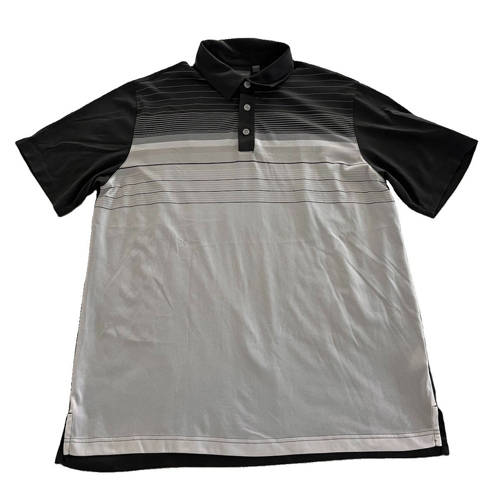 The Clint Ashworth Mens L‎ White/Gray Striped Polo Short Sleeve Logo Button
